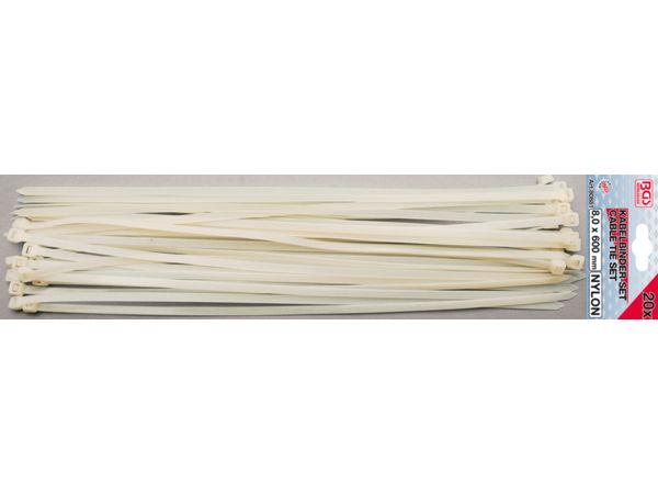 Levně BGS Technic BGS 80881 Vázací pásky 8,0 x 600 mm. Bílé (Sada 20 dílů)