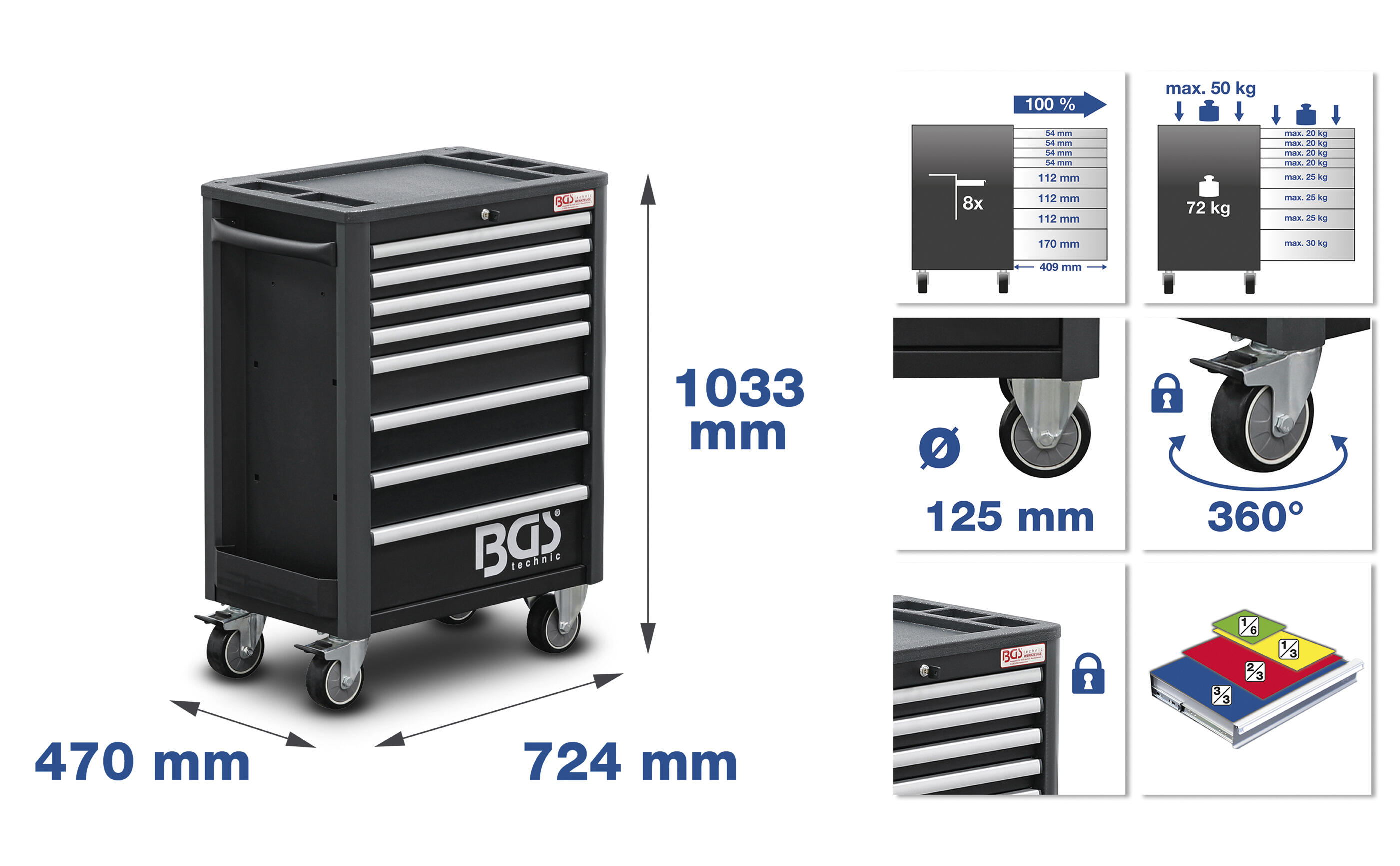 BGS Technic BGS 4114 Dílenský montážní vozík Profi Exclusive. 8 zásuvek s vybavením 259 dí