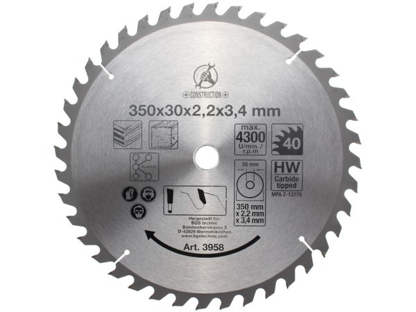 Levně BGS Technic BGS 3958 Pilový kotouč ze slinutého karbidu průměr 350 x 30 x 3,4 mm 40 zubů