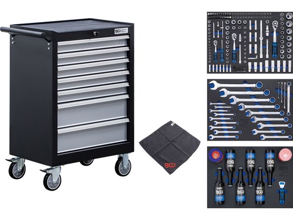 Levně BGS Technic BGS 6074 Dílenský vozík, pojízdný, 7 zásuvek. Vybavený 215 ks nářadí