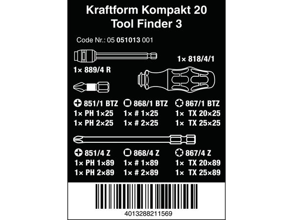 Levně Wera 051013 Šroubovací čepele Kraftform Kompakt 20 Tool Finder 3 s taškou (Sada 13 dílů)