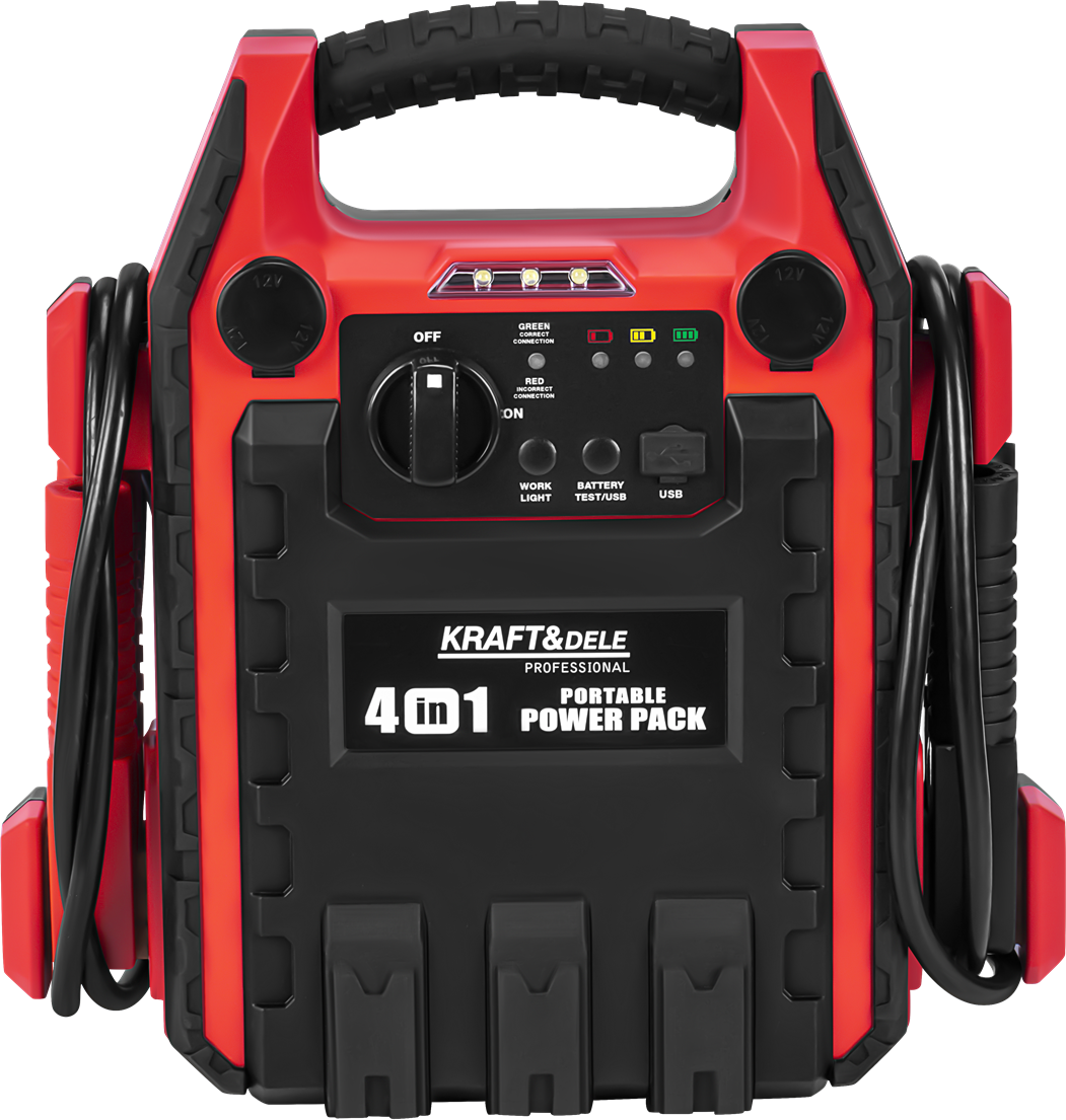 Startovací zdroj 4 v 1 1200/600 A, 22 Ah, 12 V + osvětlení + kompresor KD5346