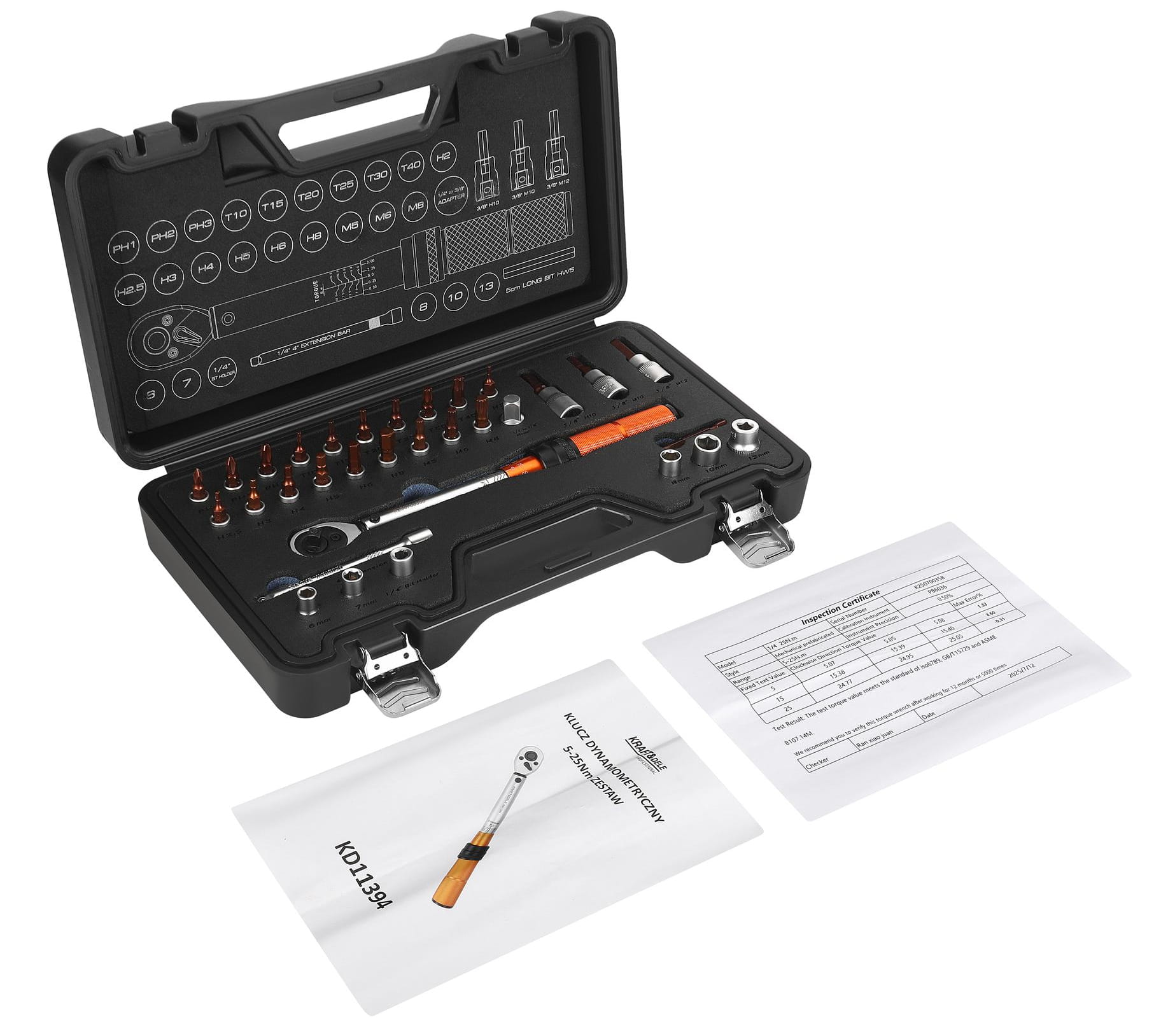 Momentový klíč 1/4", 5–25 Nm, sada 32 ks KD11394