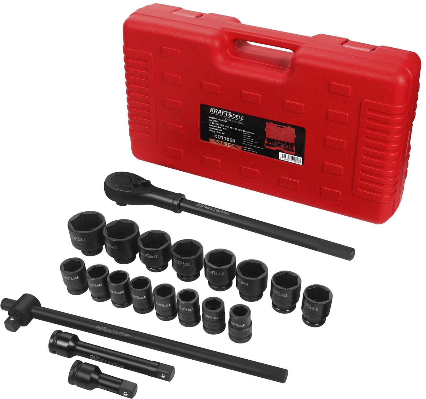 Sada rázových hlavic 3/4" s ráčnou a prodloužením, 21 ks KD11868