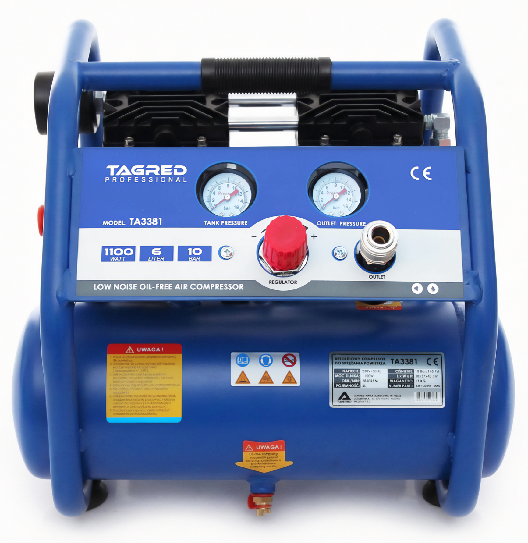Bezolejový dvoupístový kompresor TAGRED 6 l, 1500 W, 10 bar