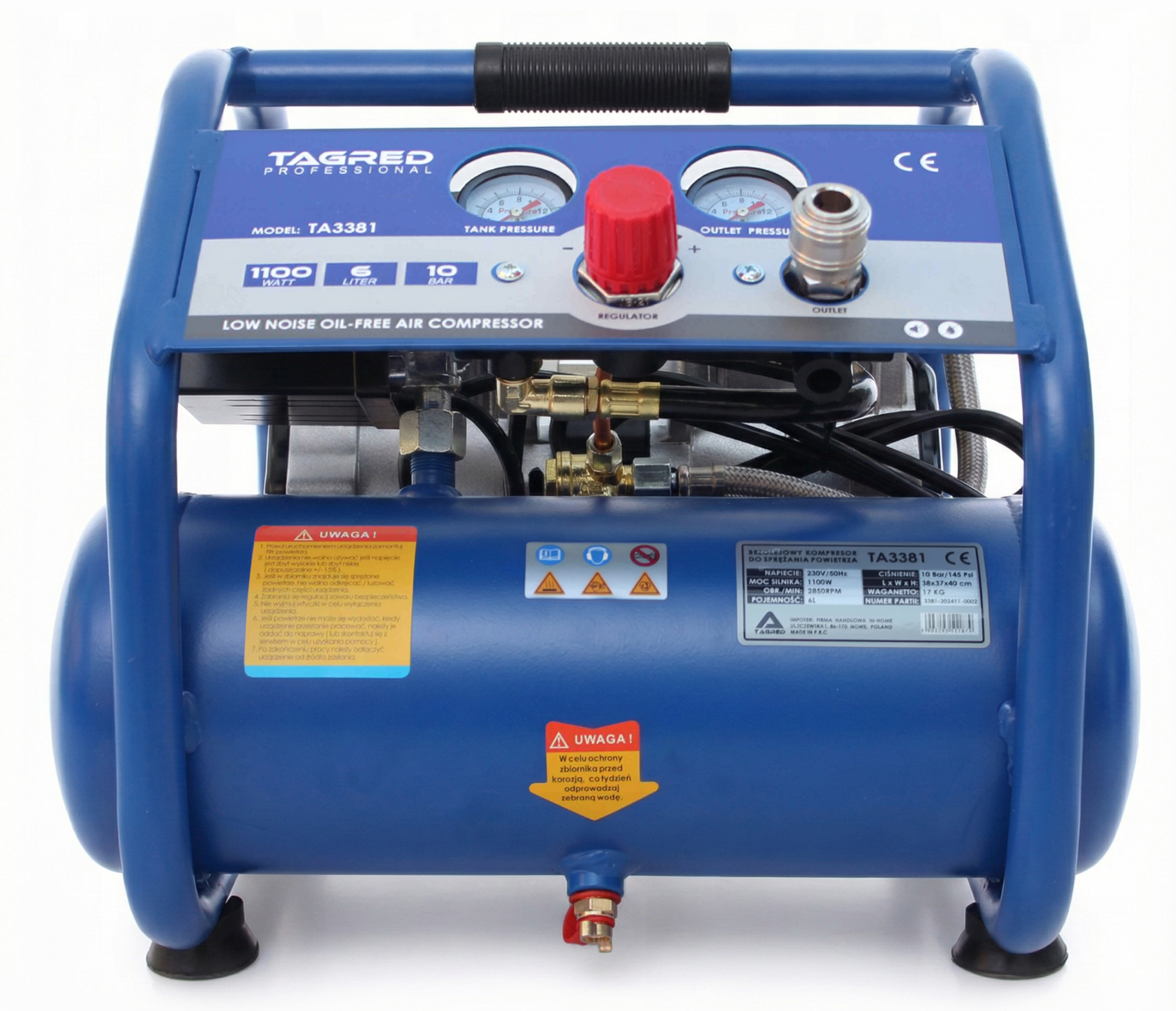 Bezolejový dvoupístový kompresor TAGRED 6 l, 1500 W, 10 bar