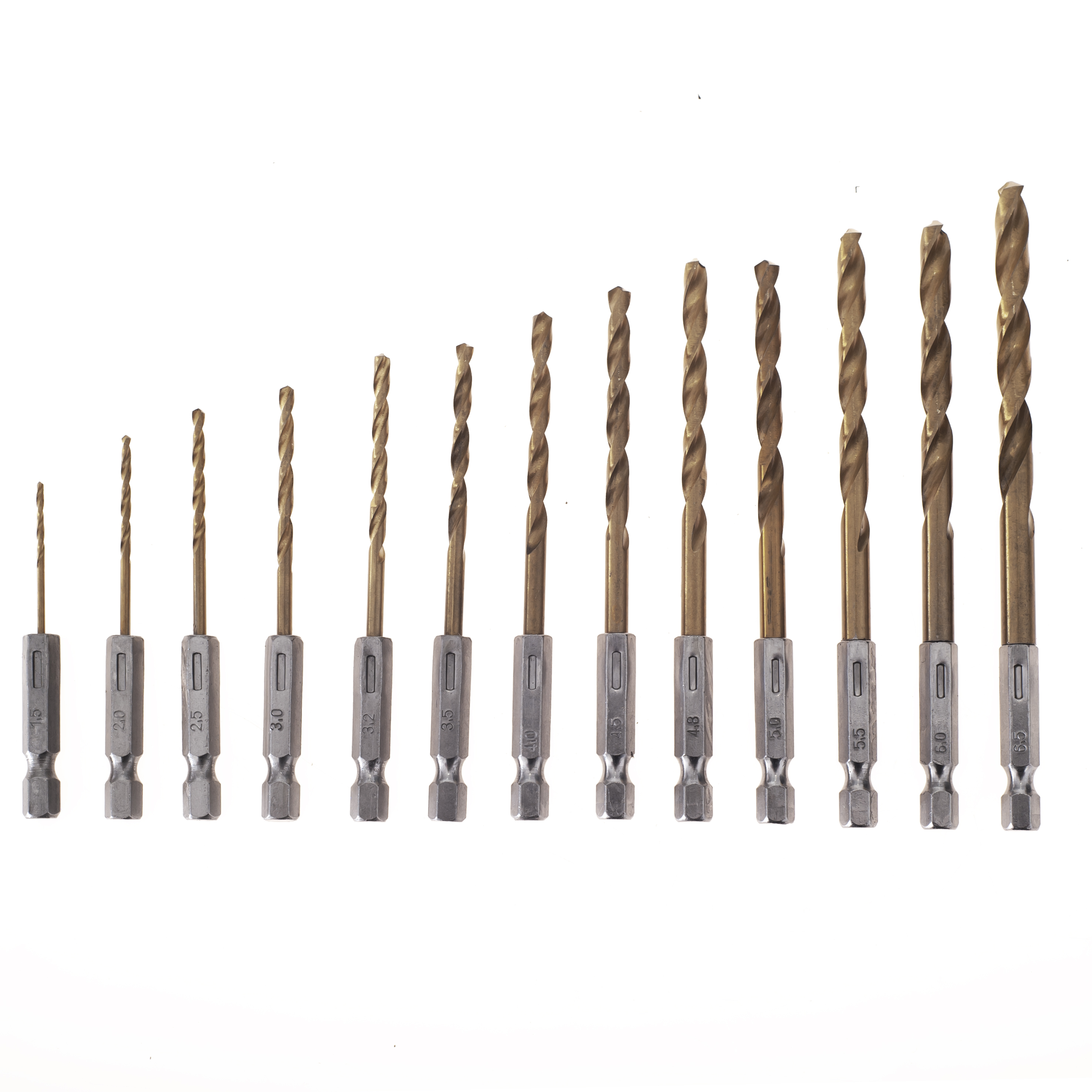 Sada titanových HSS vrtáků se šestihrannou stopkou 1/4", 1,5 – 6,5 mm, 13 ks