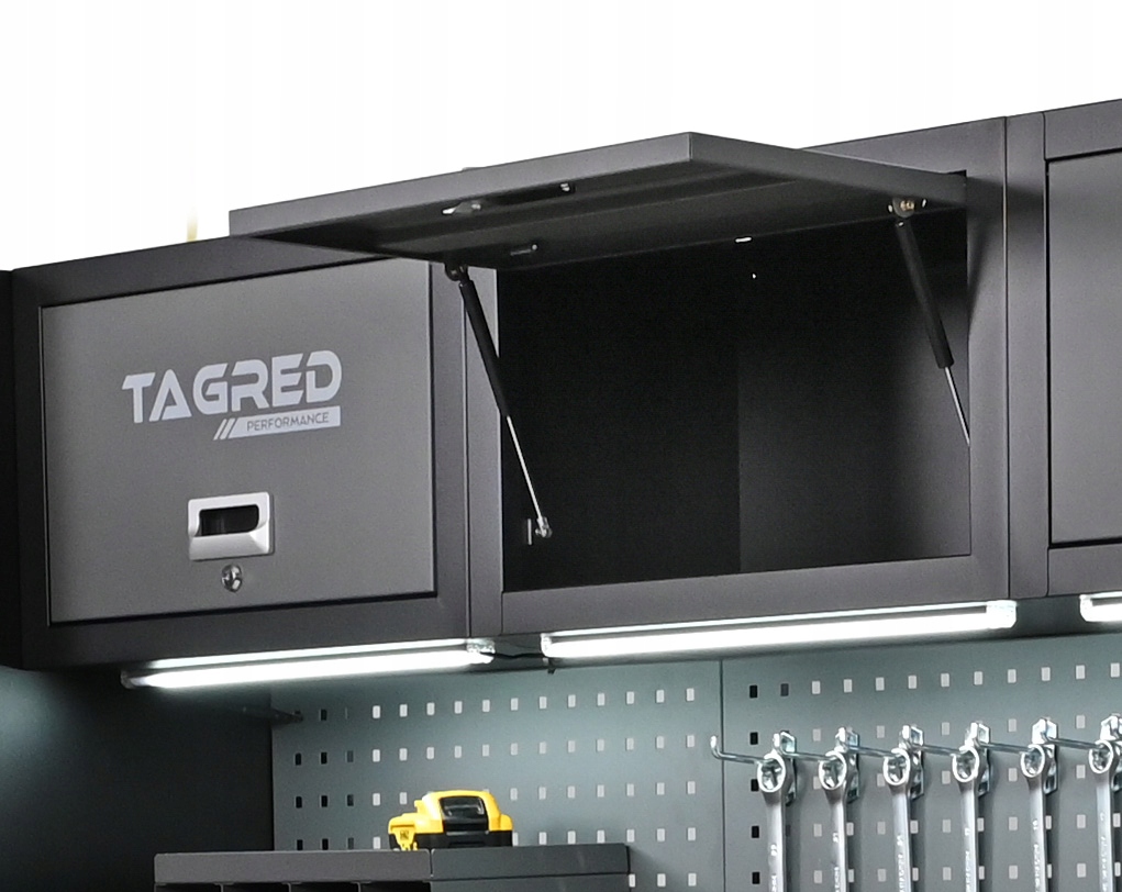 Dílenská nábytková sestava TAGRED 400 cm s pracovní deskou INOX 3D a LED osvětlením