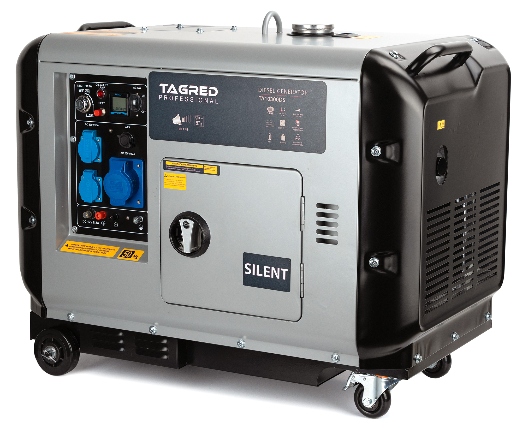 Odhlučněný dieselový generátor TAGRED 10 300 W, 14 HP, 3 × 230 V, zásuvka 32 A