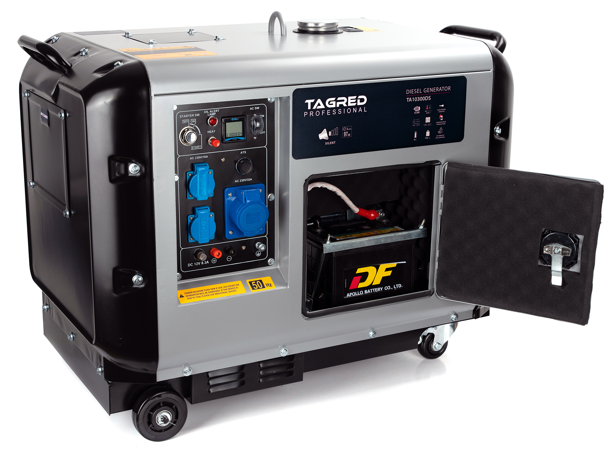 Odhlučněný dieselový generátor TAGRED 10 300 W, 14 HP, 3 × 230 V, zásuvka 32 A