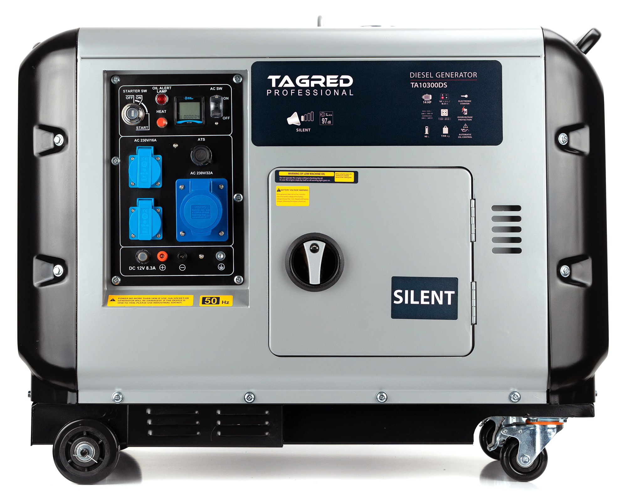 Odhlučněný dieselový generátor TAGRED 10 300 W, 14 HP, 3 × 230 V, zásuvka 32 A