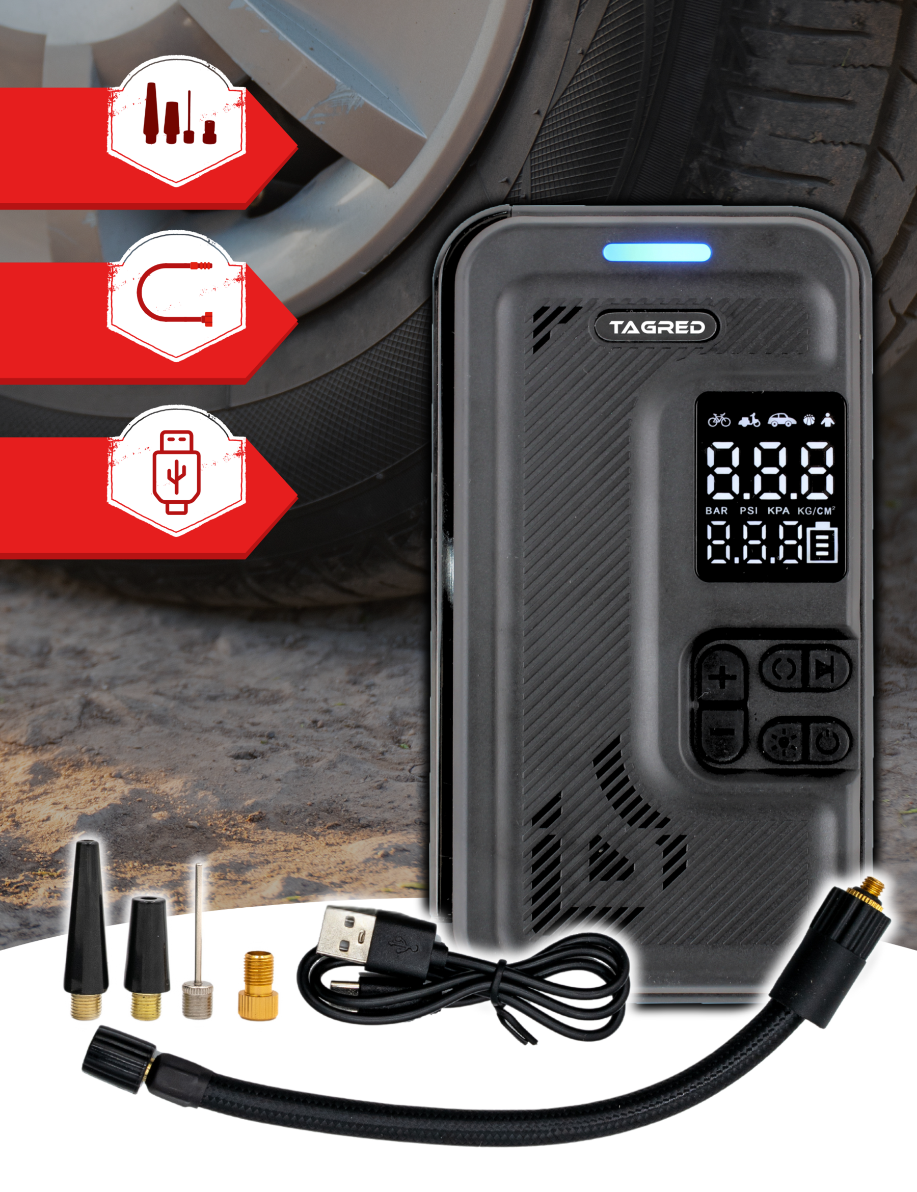 Aku kompresor pro huštění pneumatik 8 V, 4 000 mAh