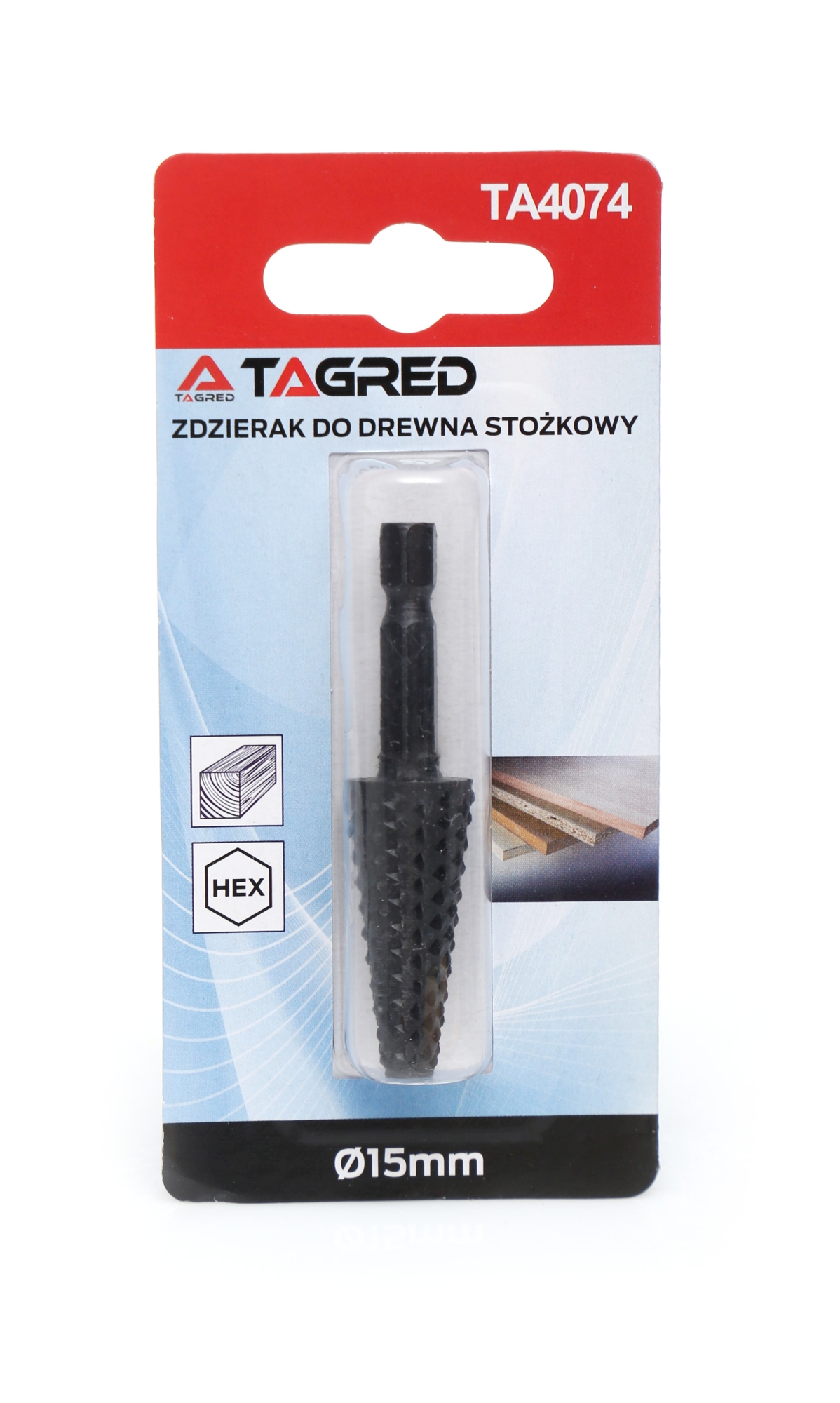 Kuželová rotační rašple na dřevo, šestihranná stopka 15 mm