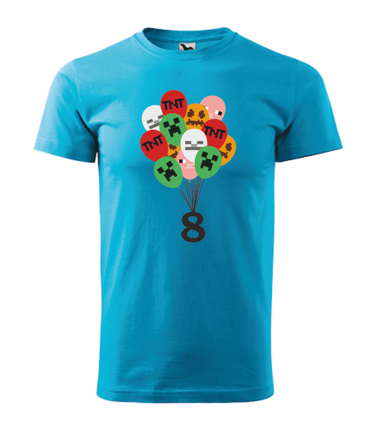 Narozeninové tričko MINECRAFT BALÓNKY Barva: tyrkysová, Velikost: 146 cm/10 let