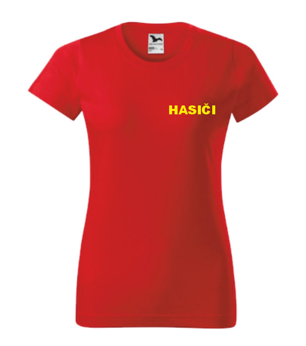 Červené dámské triko pro hasiče Velikost: XL, Umístění potisku: levé prso, Barva potisku: žlutá