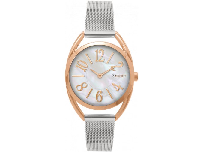 MINET Stříbrno-růžové dámské hodinky s čísly ICON ROSE GOLD PEARL MESH