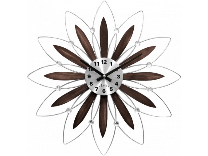 LAVVU Dřevěné stříbrné hodiny CRYSTAL Flower s čísly ⌀49cm