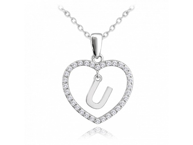 MINET Stříbrný náhrdelník písmeno v srdíčku "U" se zirkony