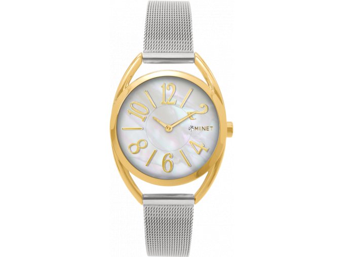 MINET Stříbrno-zlaté dámské hodinky s čísly ICON GOLD PEARL MESH