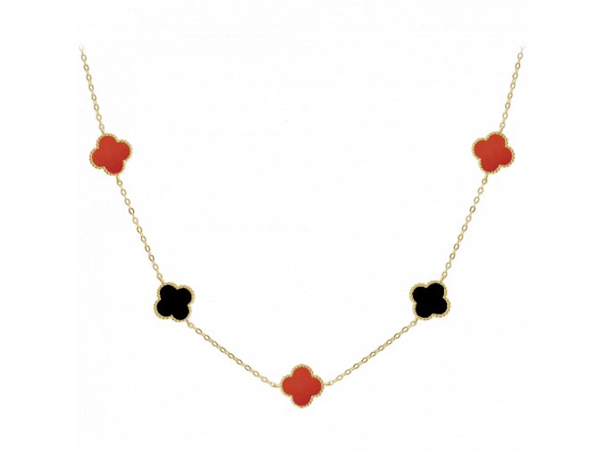MINET Pozlacený stříbrný náhrdelník ČTYŘLÍSTKY s červeným achátem a onyxem Ag 925/1000 12,80g