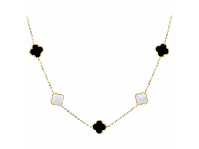MINET Pozlacený stříbrný náhrdelník ČTYŘLÍSTKY s bílou perletí a onyxem Ag 925/1000 13,45g