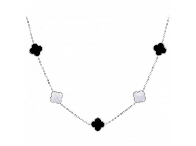 MINET Stříbrný náhrdelník čtyřlístky s bílou perletí a onyxem Ag 925/1000 12,80g