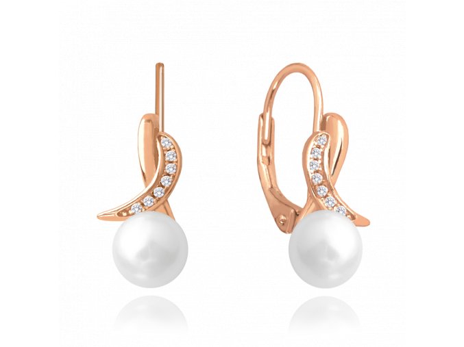 MINET Rose gold luxusní stříbrné náušnice s bílou perlou a zirkony