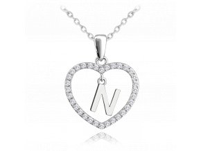 MINET Stříbrný náhrdelník písmeno v srdíčku "N" se zirkony