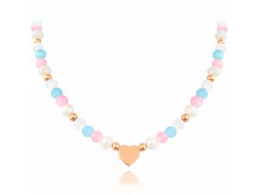 MINET Rose gold stříbrný náhrdelník s přírodními perlami a barevnými kuličkami - Ag 925/1000 21,60g