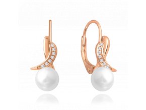 MINET Rose gold luxusní stříbrné náušnice s bílou perlou a zirkony
