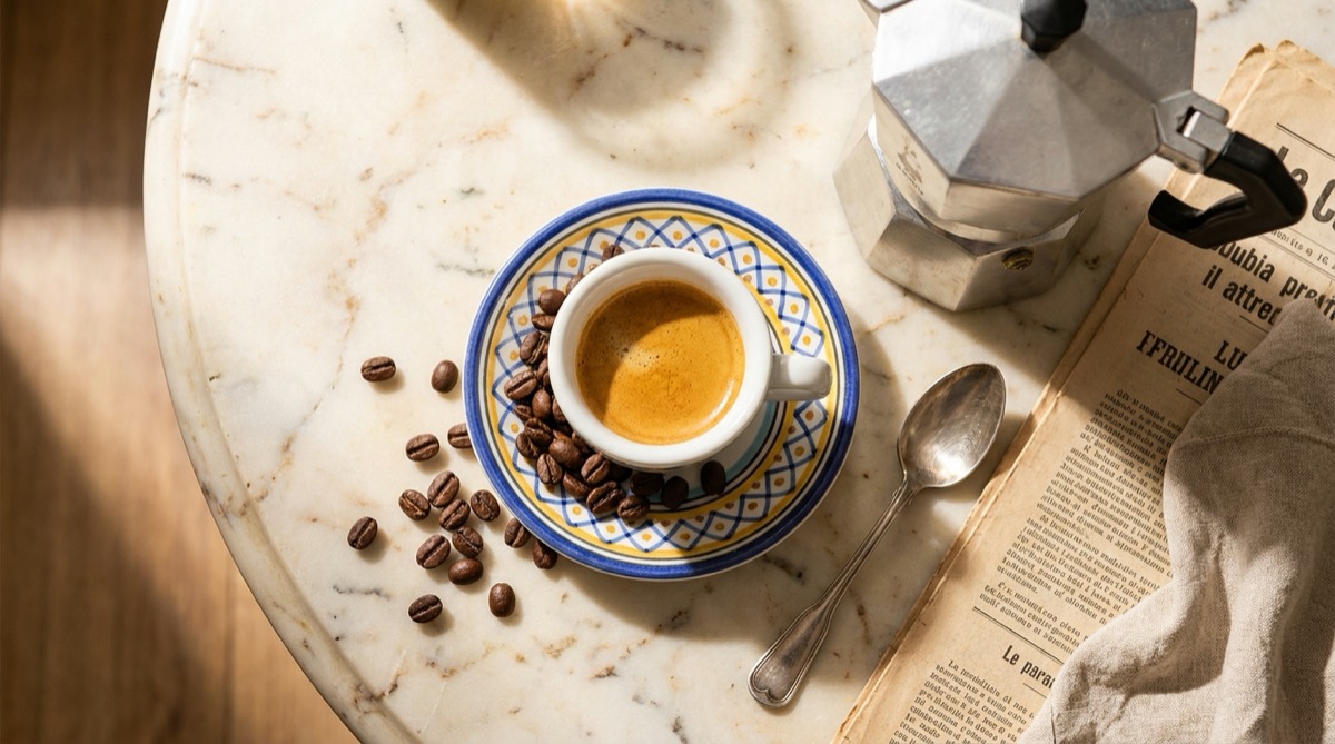 Italské espresso s hustou cremou, moka konvička a kávová zrna na mramorovém stole