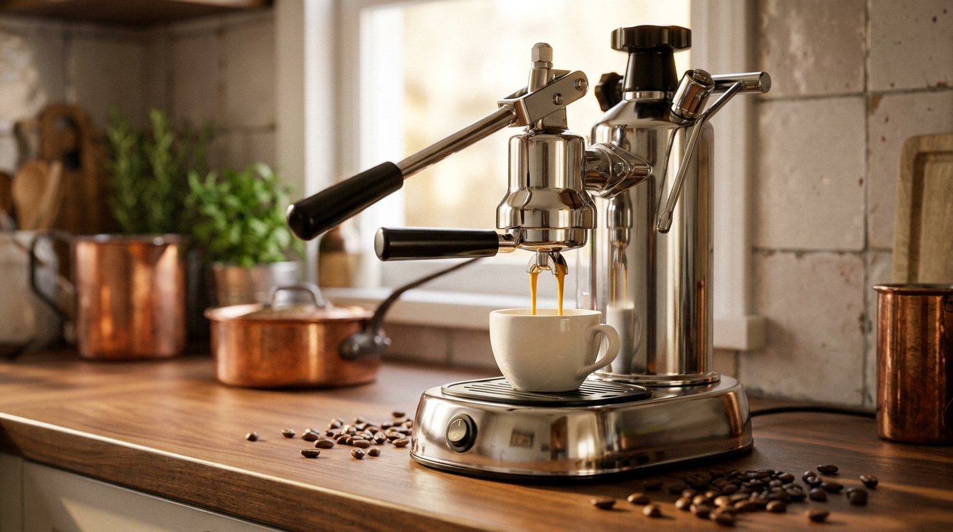 Pákový kávovar připravující espresso s hustou cremou