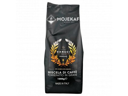 ganuci primavera zrnková káva 80% arabika, arabica, 20% robusta, na průhledném pozadí 1kg pohled ze predu