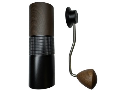 rucni kovovy mlynek na kavu s drevenou rukojeti pohled shora 1