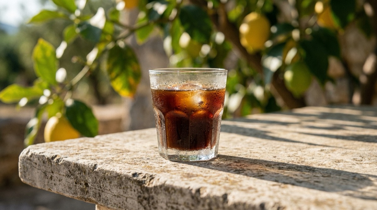 Caffè freddo v pohári s ľadom na kamennom stole