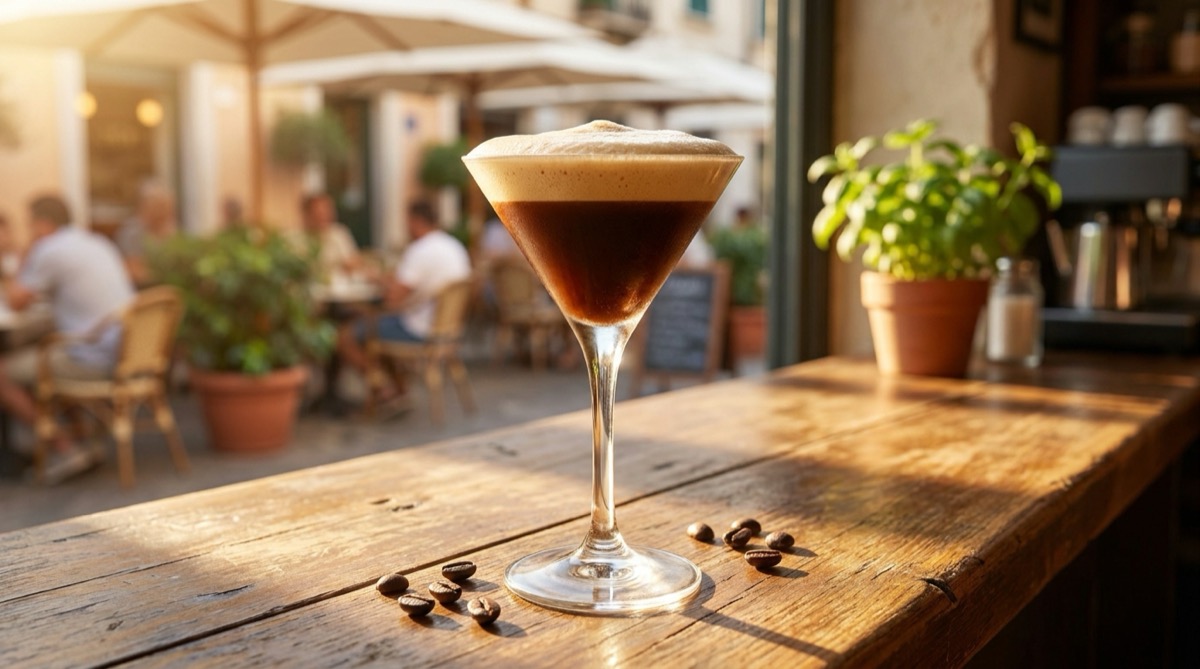 Caffè shakerato v koktailovom pohári s hustou penou