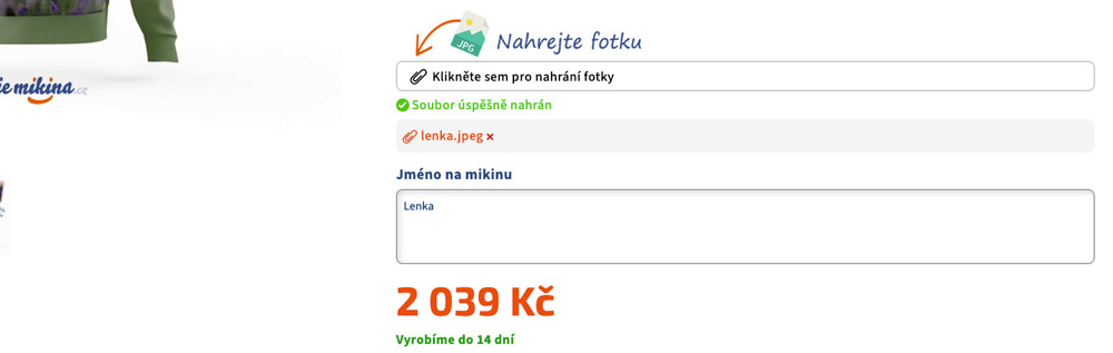 Výběr fotky a jména pro mikinu