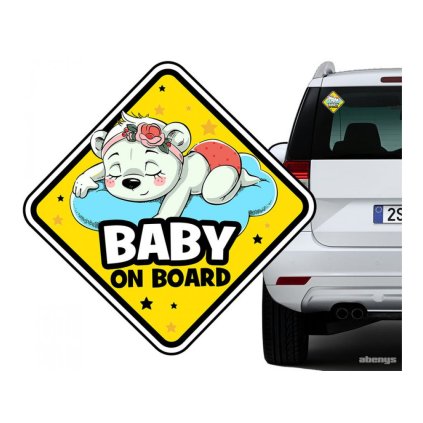 nálepka na auto - BABY ON BOARD spiaci medvedík dievčatko