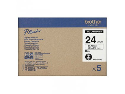 Brother originál páska do tlačiarne štítkov, Brother, HGE-651, čierny tlač/žltý podklad, 8m, 24mm, 5 ks v balení, cena za balenie