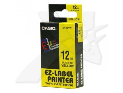 Casio originál páska do tlačiarne štítkov, Casio, XR-12YW1, čierny tlač/žltý podklad, nelaminovaná, 8m, 12mm