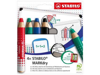Sada STABILO MARKdry na tabuľu a flipchart 4f so strúhadlom a utierkou