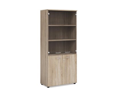 Policová skriňa BASIC, kombinovaná so sklom, so zámkom, 80x40x182,1cm, dub Sonoma