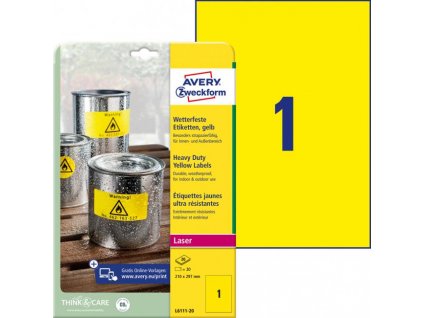 Etikety polyesterové veľmi odolné 210x297mm Avery A4 žlté 20 hárkov