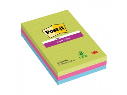 Bloček Post-it Super Sticky 101 mm x 152 mm XXL, dúhové farby, linajkové, 3 bločky po 90 lístkov