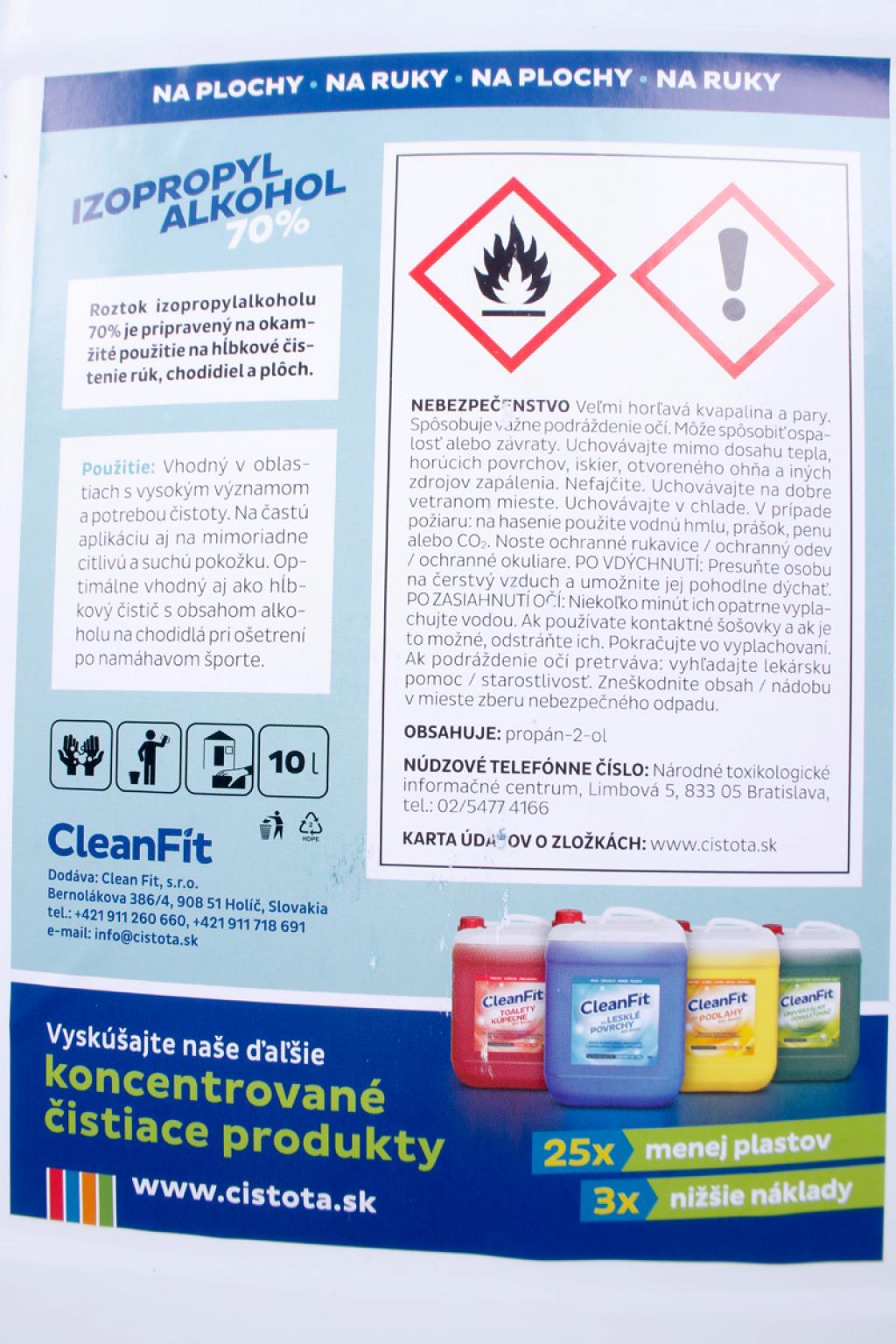 CleanFit alkoholový roztok IZOPROPYLALKOHOL 70% 10 l
