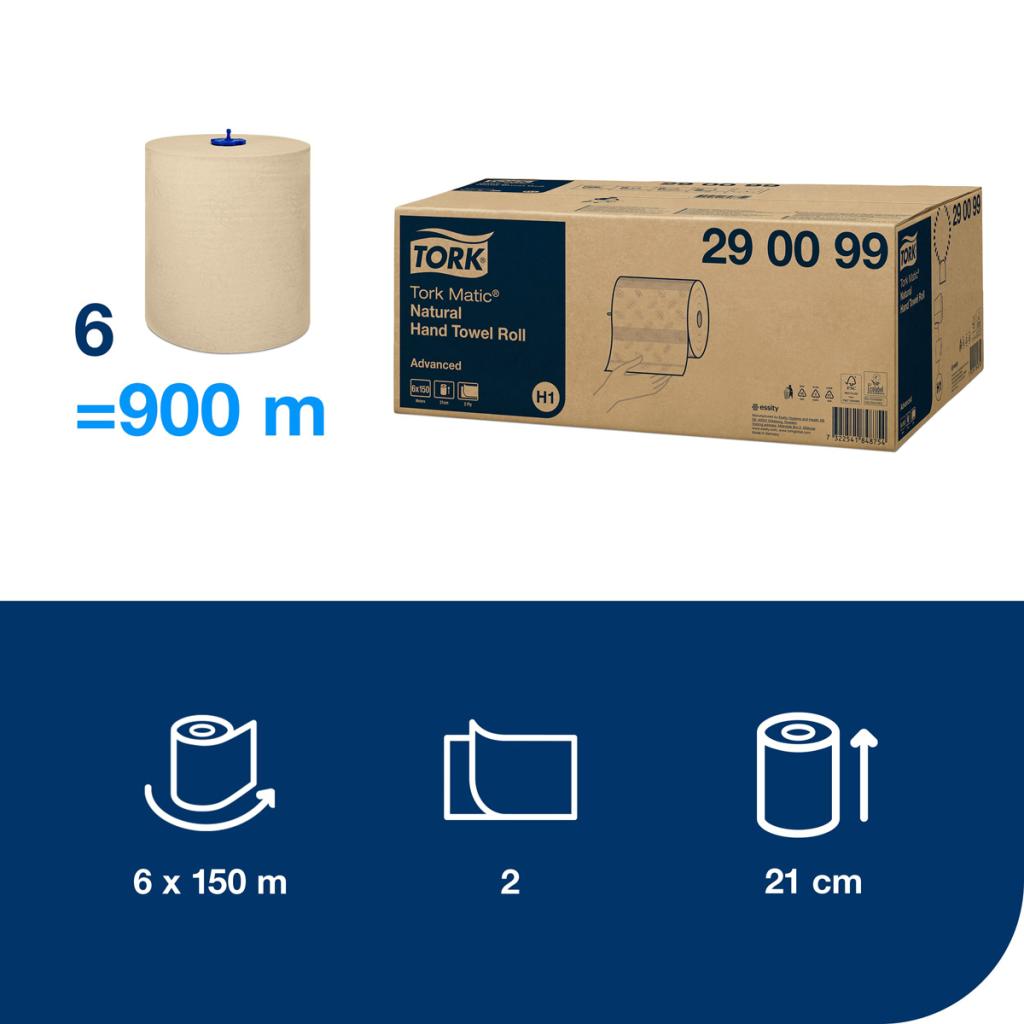 Papierové utierky v rolke 2-vrstv. TORK Matic natural 150m/600 útržkov H1 6ks