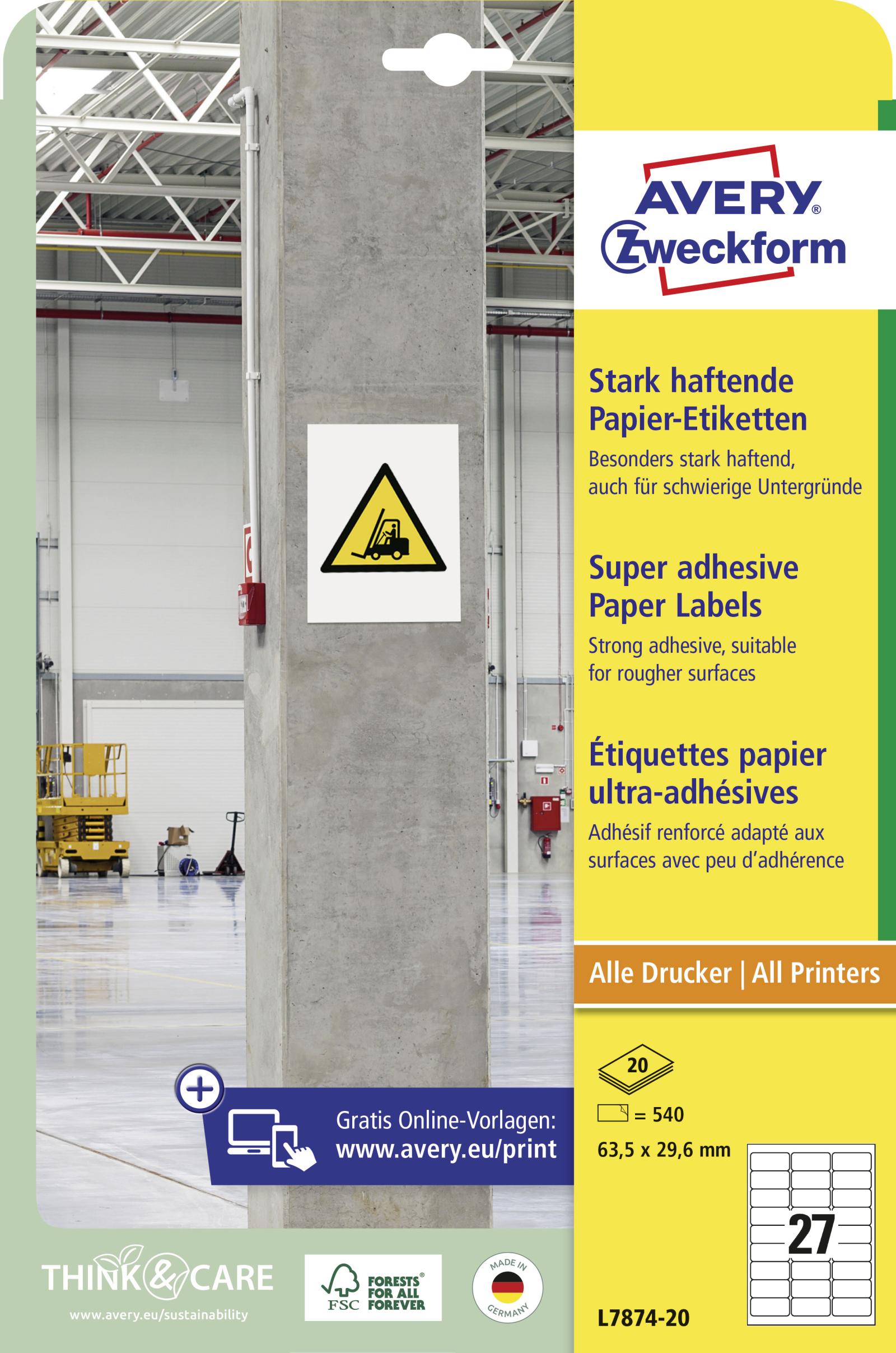 Avery Zweckform Etikety univerzálne 63,5x29,6mm Avery A4, silne lepivé 20 hárkov