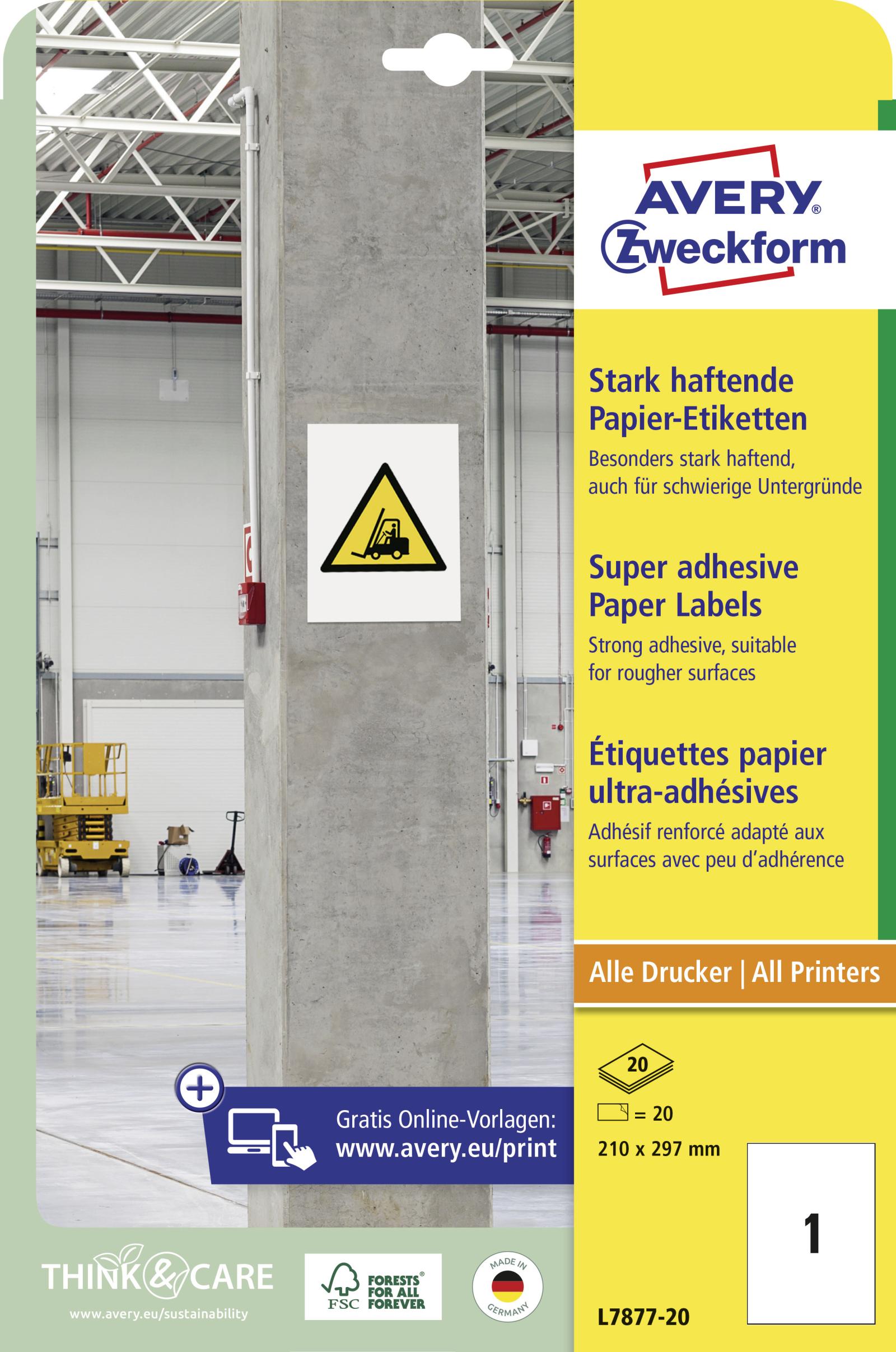 Avery Zweckform Etikety univerzálne 210x297mm Avery A4, silne lepivé 20 hárkov