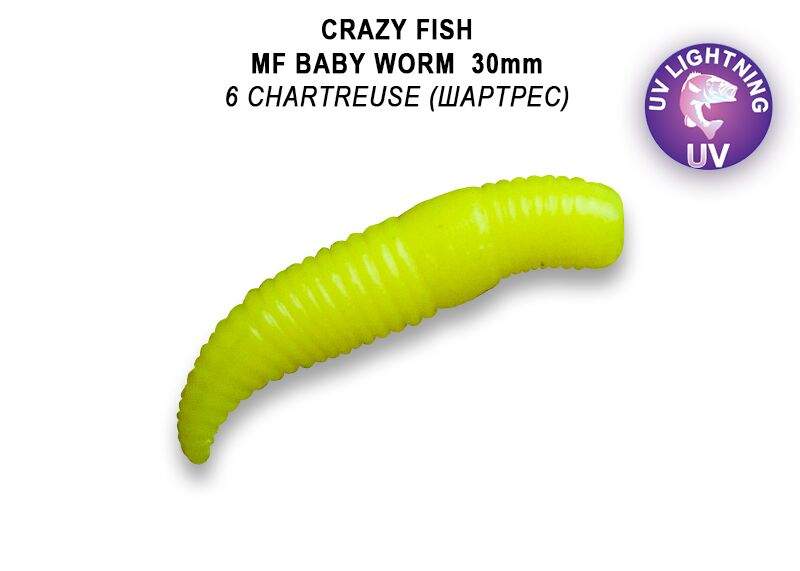 Gumová nástraha Crazy Fish Trout Baby Worm MF Floating 30mm 06 Chartreuse - Kreveta (12ks)