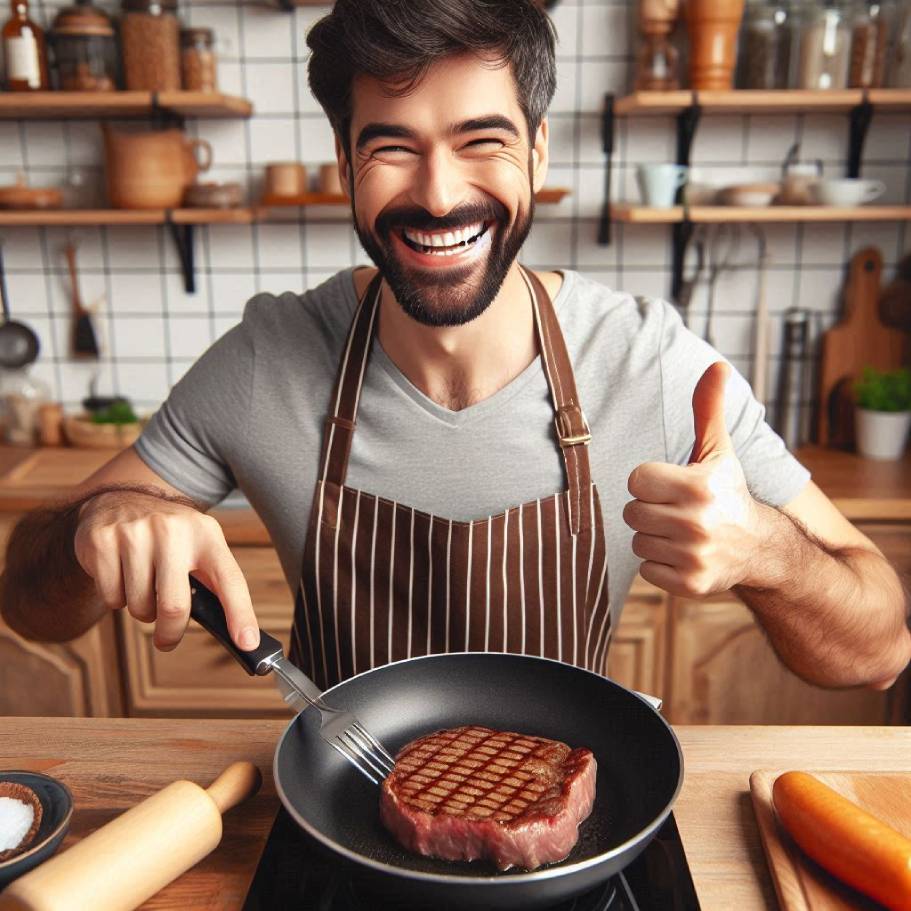 šťastný muž připravuje steak